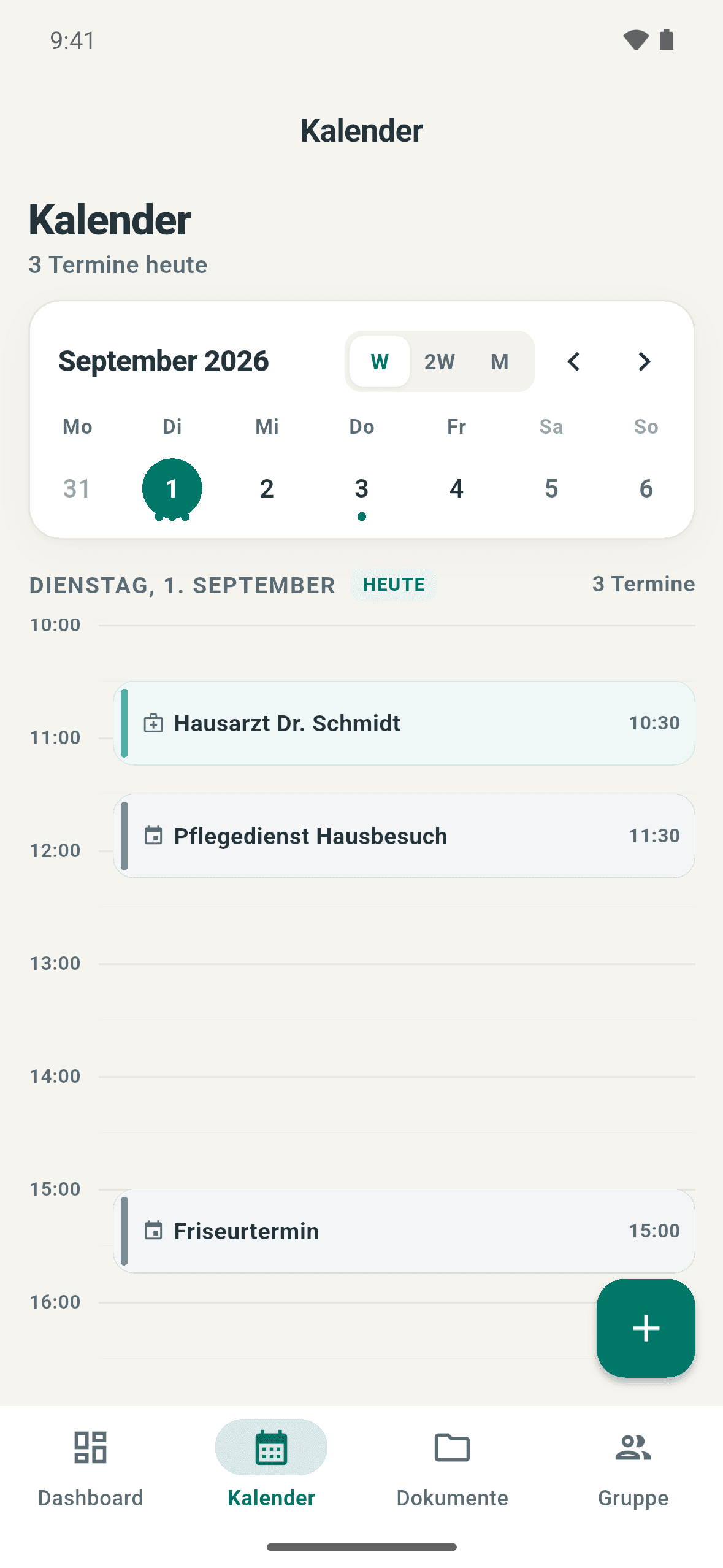 Screenshot der Sanavio-App: Die Kalenderansicht für Dienstag, den 1. September, zeigt drei Termine – Hausarzt um 10:30 Uhr, Pflegedienst-Hausbesuch um 11:30 Uhr und einen Friseurtermin um 15:00 Uhr.