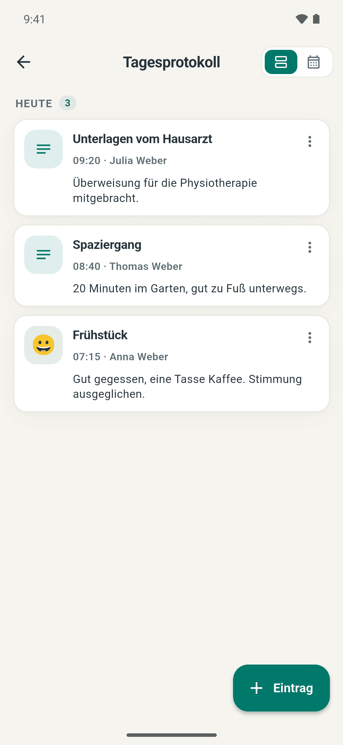 Screenshot der Sanavio-App: Das Tagesprotokoll für heute enthält drei Einträge von drei verschiedenen Angehörigen – Unterlagen vom Hausarzt, ein zwanzigminütiger Spaziergang im Garten und ein Frühstück mit ausgeglichener Stimmung.